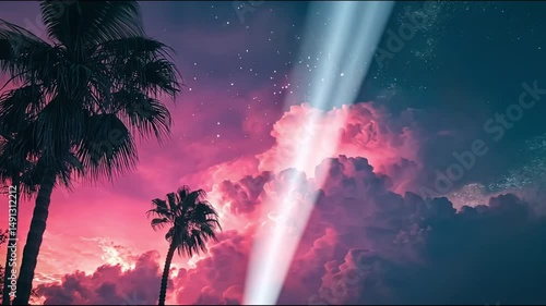 Vibrant sunset clouds with palm silhouettes.