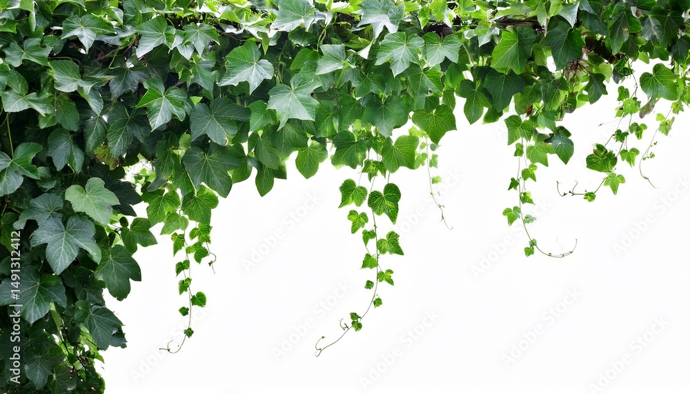 Fototapeta premium lush green ivy trail realistic leaf vine white overlay for design
