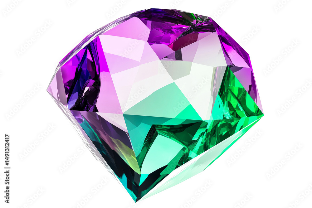 Shiny gemstone with facets, purple and green hues, cut out transparent Shiny gemstone with facets, purple and green hues, cut out transparent