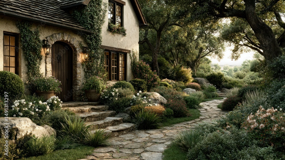 Obraz premium Charming Cottage Surrounded by Lush Gardens and Stone Pathway Perfect for Nature and Home Deco