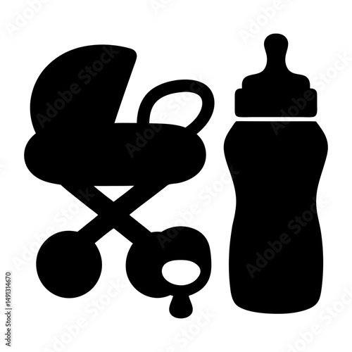 Black Silhouette of Baby Stroller and Feeding Bottle, Simple black silhouette of a baby stroller and feeding bottle with nipple, symbolizing infant care and parenting essentials.
