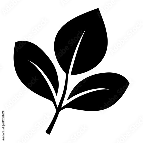 Black Silhouette of Three Simple Leaves on Branch, Minimalist black silhouette of a small branch with three smooth leaves, isolated on a white background for clear contrast.
