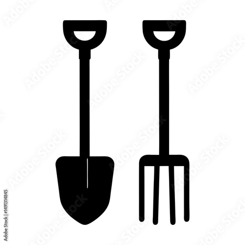 Black Shovel and Garden Fork Silhouettes, Silhouettes of a shovel and a garden fork side by side, isolated on a white background, symbolizing gardening tools.
