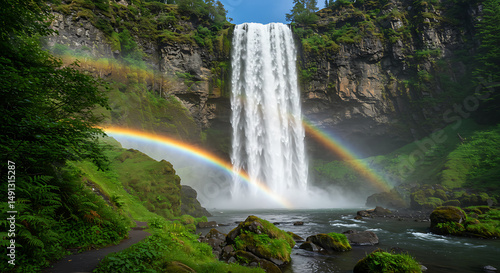 Majestic waterfall with double rainbow in green forest landscape  
