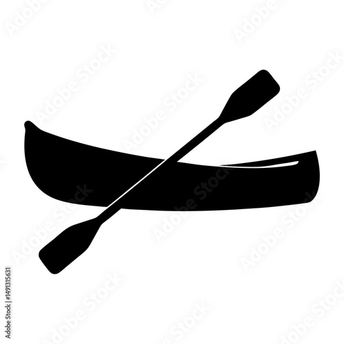 Simple black silhouette drawing of a canoe with an oar across it