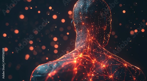 Glowing, networked human form, rear view