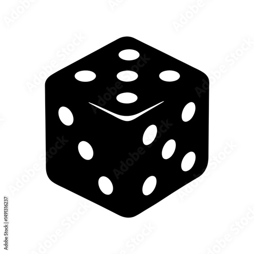 A stylized black and white illustration of a dice, showing the numbers
