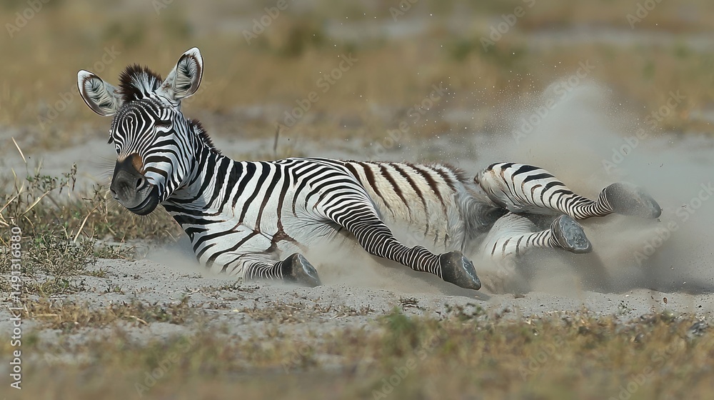 Fototapeta premium A young zebra playfully rolls in the dust, kicking up a cloud of sand, its black and white stripes clearly visible against the light-brown earth