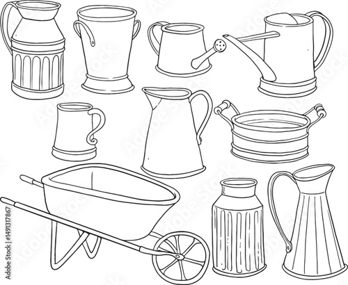 Collection of various gardening and household containers: watering cans, buckets, pitchers, a wash tub, and a wheelbarrow. Simple outline vector illustration.