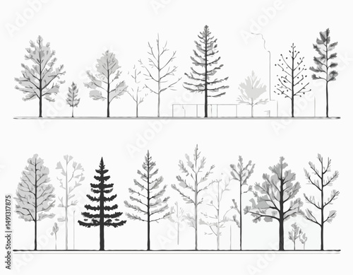 Architectural Drawings, Minimal style cad tree line drawing, Side view, set of section forest outline for landscape design drawing. Vector illustration
