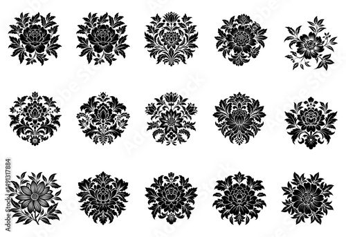 Floral Embellishments: An array of elegant floral patterns, artfully crafted in a timeless monochrome style, adds a touch of sophistication for ornamental designs and embellishments.