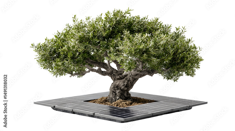 Fototapeta premium Bonsai Tree with Solar Panel Base Sustainable Energy Concept