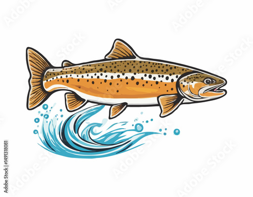 Brown Trout Logo. Unique, Bold, and Eyecatching Brown trout jumping out of the water. Suitable for any Brown Trout Fishing events. Print on Tshirt etc