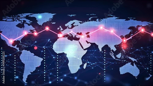 World map with rising trendline and blue dots