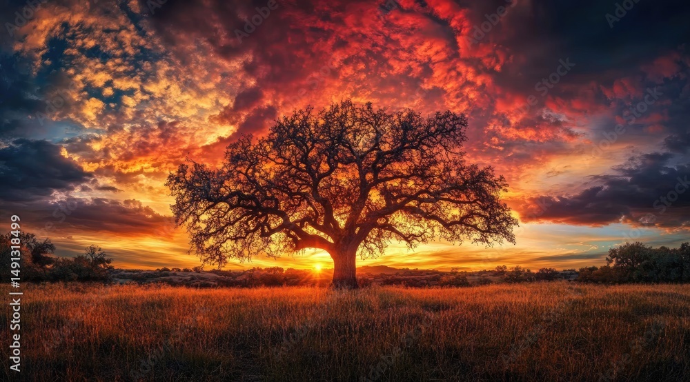 Fototapeta premium Fiery sunset illuminates solitary tree in field (1)