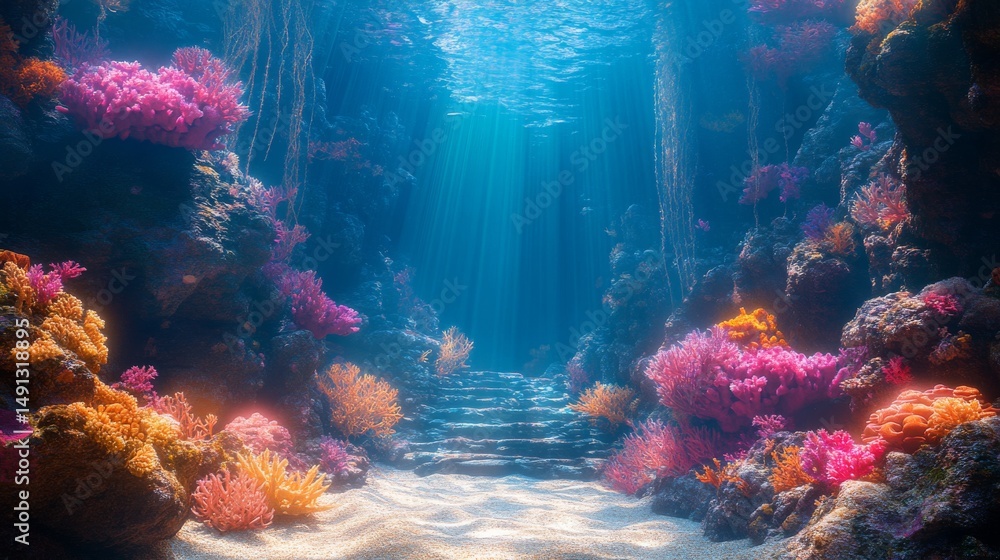 Obraz premium Underwater coral reef pathway bathed in sunlight.