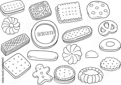 Assortment of various outline illustrations of biscuits and cookies in different shapes, sizes, and designs, including a biscuit tin. Vector collection for bakery and snack concepts.