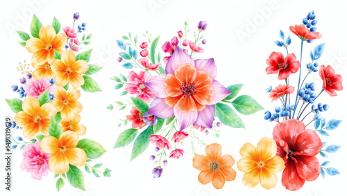 Vibrant floral vector art featuring a colorful bouquet of pink and yellow watercolor flowers in a beautiful spring blossom pattern
