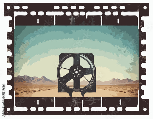 Single film strip frame template with empty slot, vintage cinema reel with grunge grainy texture. Modern retro vector illustration isolated on transparent background