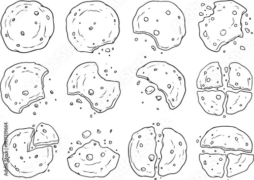 Outline illustrations of chocolate chip cookies in various states: whole, with bites taken, broken into pieces, and with crumbs. Vector set for food and snack themes.