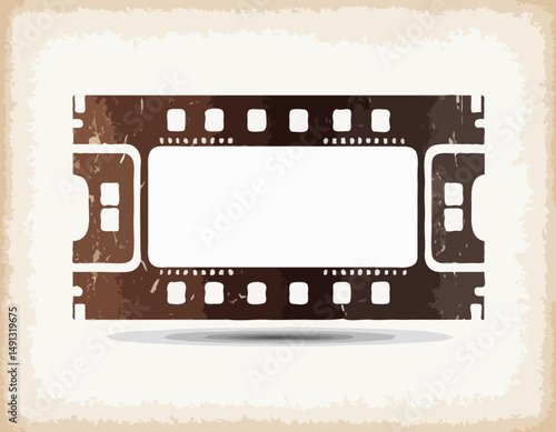 Single film strip frame template with empty slot, vintage cinema reel with grunge grainy texture. Modern retro vector illustration isolated on transparent background