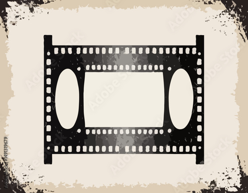 Single film strip frame template with empty slot, vintage cinema reel with grunge grainy texture. Modern retro vector illustration isolated on transparent background