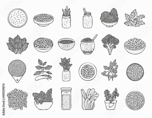 Set of Outline Icons Featuring Superfoods Like Quinoa, Kale, and Chia Seeds for Nutrition App Interfaces.