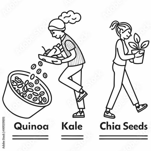 Set of Outline Icons Featuring Superfoods Like Quinoa, Kale, and Chia Seeds for Nutrition App Interfaces.
