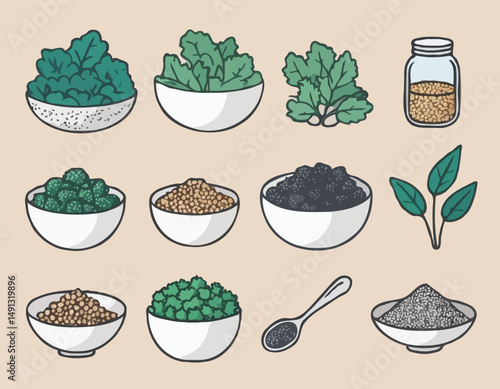 Set of Outline Icons Featuring Superfoods Like Quinoa, Kale, and Chia Seeds for Nutrition App Interfaces.