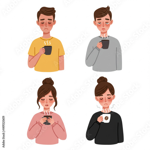 Sleepy Group of People Drinking Coffee to Wake Up Vector Illustration