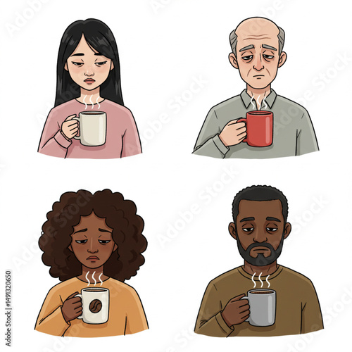 Set of Sleepy People Drinking Coffee After Work Vector Illustration