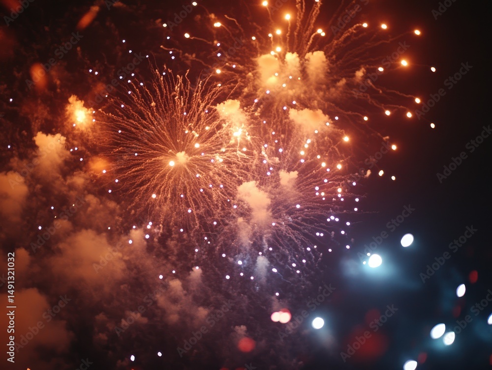 Obraz premium Night Sky Fireworks Display with Orange Red and Purple Sparks