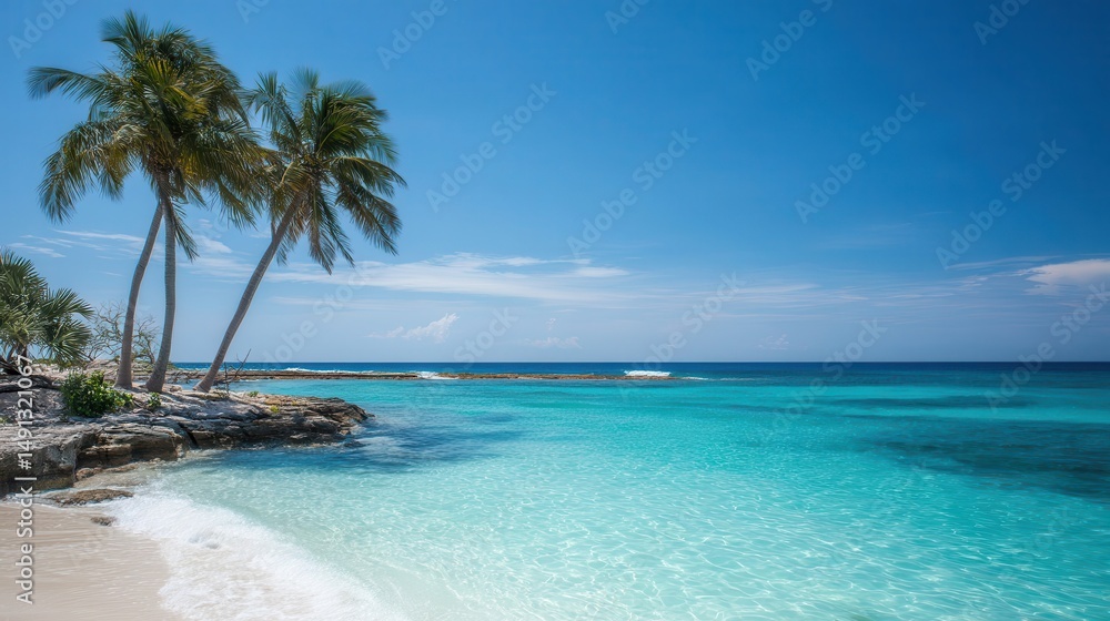 Fototapeta premium Sunny tropical beach scene with swaying palm trees.