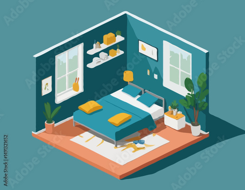 Painting walls service interior vector 3D isometric illustration, job professional renovation, residential flat renovate, apartment or house interior decoration.