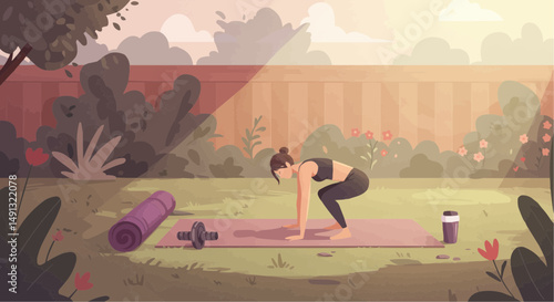 Woman exercising on yoga mat in garden during sunset light  