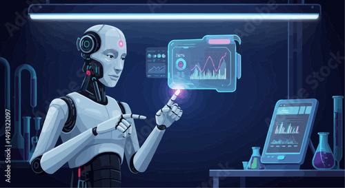 Robotic scientist analyzing data on a screen in a laboratory  