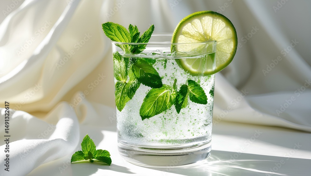 A glass of sparkling water with a twist of lime, served with a garnish of mint leaves A glass of sparkling water with a twist of lime, served with a garnish of mint leaves