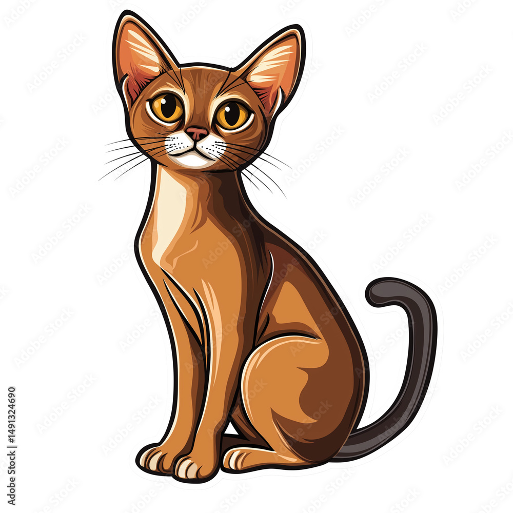 Fototapeta premium Cute Abyssinian cat full body sticker style illustration with bold outlines, slight drop shadow, and glossy effect on a white background, highlighting the breed’s sleek fur 