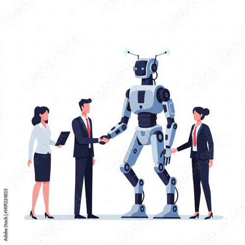 Business Team Handshake Between Humans and Robots Vector Illustration