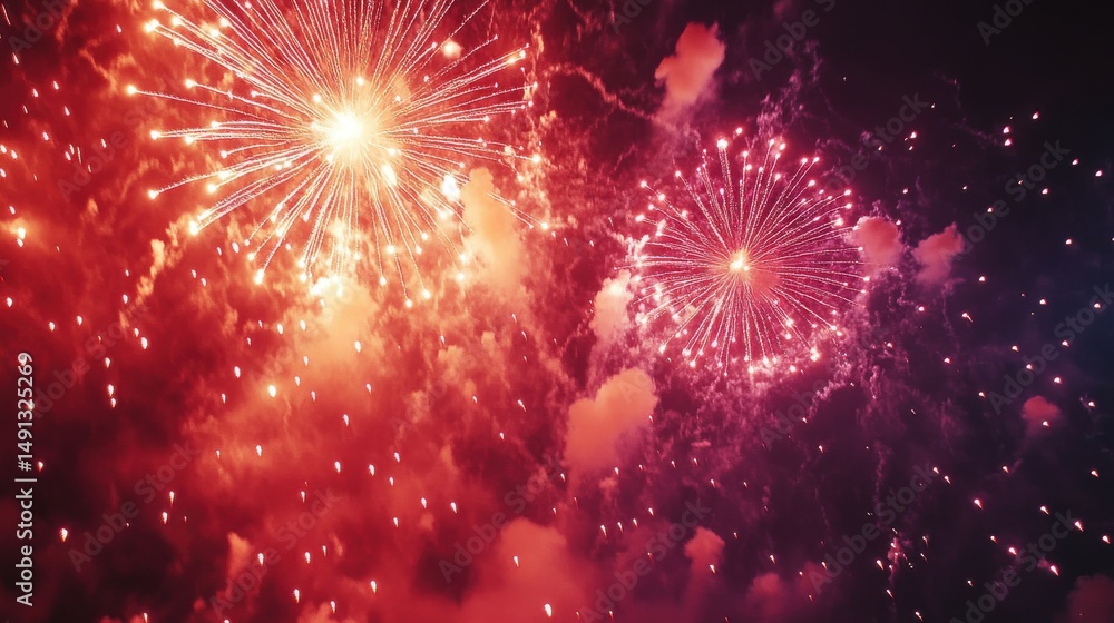 Fototapeta premium Red And Pink Fireworks Exploding In Night Sky