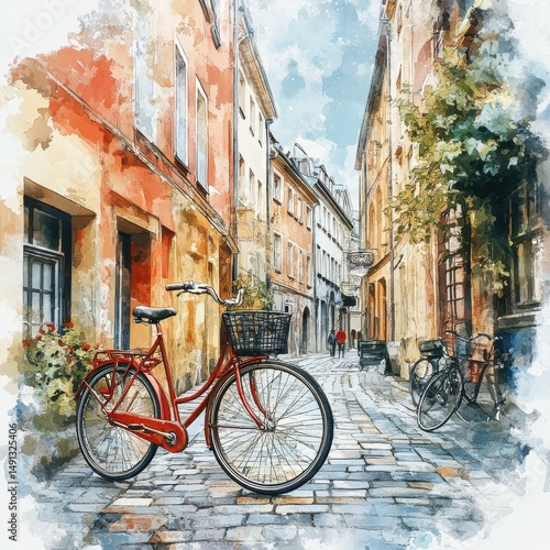 Red Bicycle on Cobblestone Street in a European Town Watercolor Painting