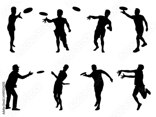 Set of Disc Golf Players Silhouette in various poses isolated on white background