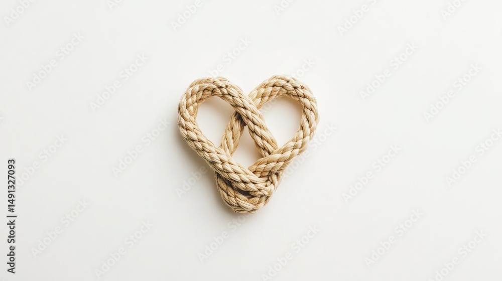 A light beige braided rope forms a heart shape. A light beige braided rope forms a heart shape.