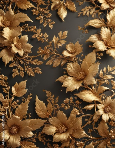 Golden floral texture, intricate leaf & blossom details , gold, flowers, leaves
