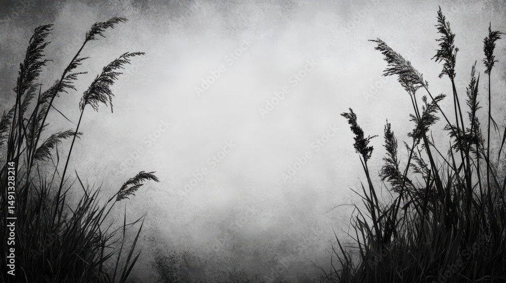 Obraz premium Silhouetted Grasses in Hazy Monochrome Landscape