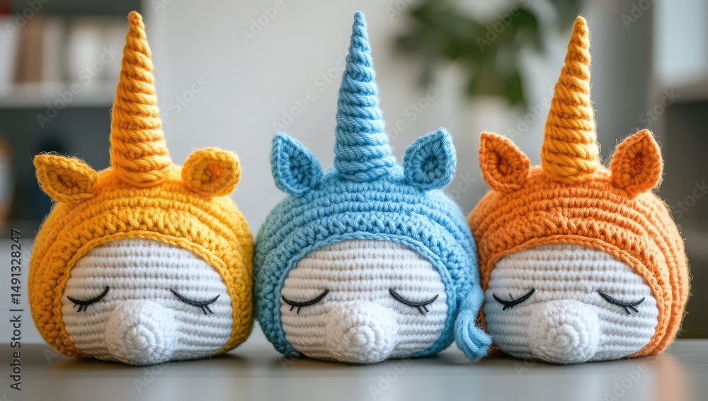 Fototapeta premium Cute crocheted unicorn hats
