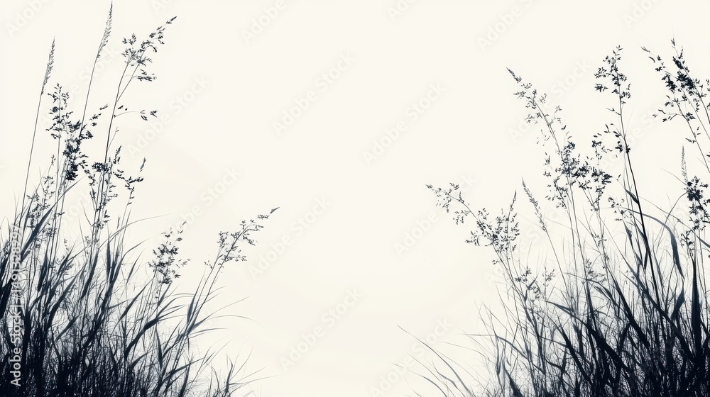 Fototapeta premium Silhouetted Plants Against Bright Background Black and White Minimalist Nature Image