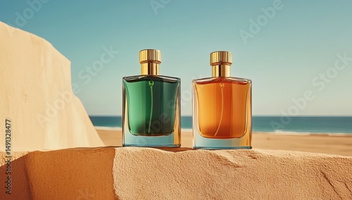 Two perfume bottles, teal and amber, sit on a sandy beach