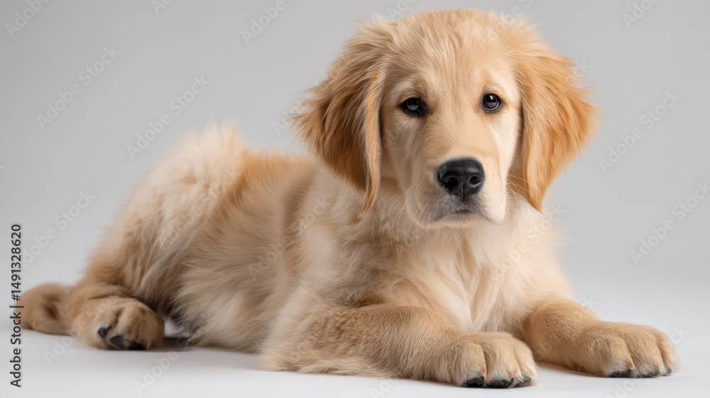 Adorable golden retriever puppy lying down on a white background with soft fur and soulful eyes Adorable golden retriever puppy lying down on a white background with soft fur and soulful eyes
