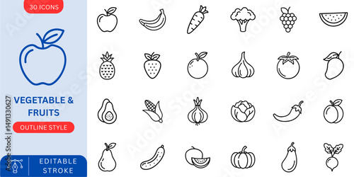 Healthy fruits and vegetables line icons for food, diet, and wellness.